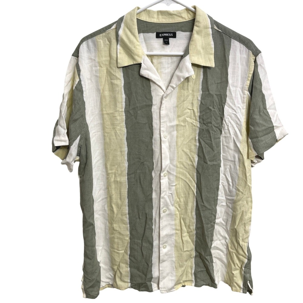 Express Camp Collar Shirt Linen Blend Striped Green Yellow Coastal Resort Mens L